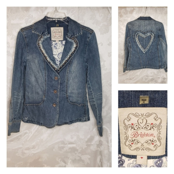 BRIGHTON DENIM HEART‎ JEAN JACKET PEARL ACCENTS SILVER STUDS - Picture 1 of 1